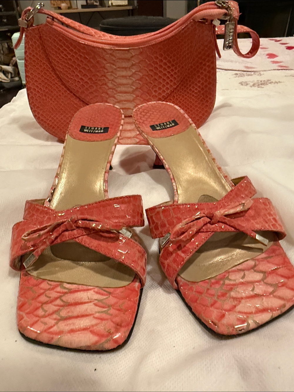 Stuart Weitzman Coral Snake Skin Slide Kitten Heels with Bow